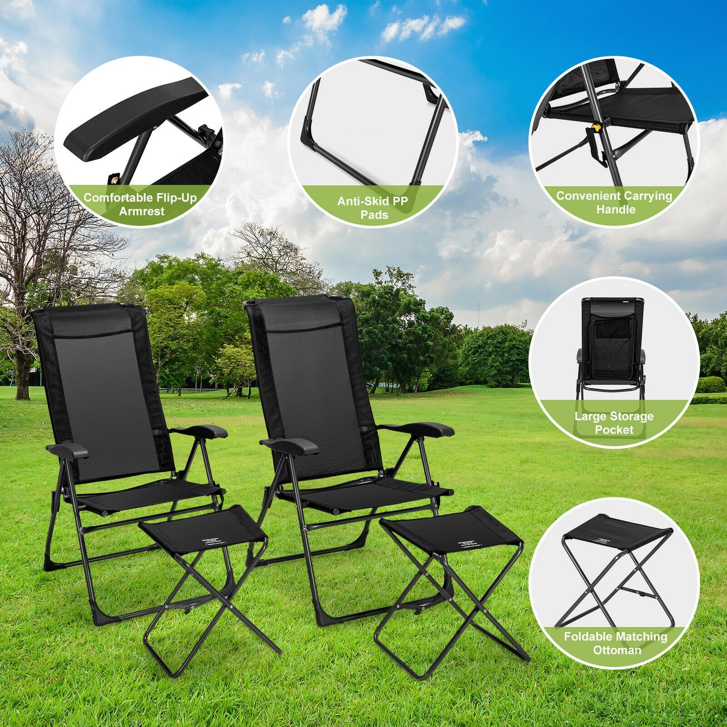 Adjustable Folding Patio Dining Chair with Ottoman Set (2-Pack)