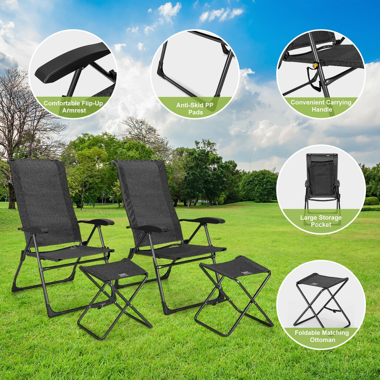 Adjustable Folding Patio Dining Chair with Ottoman Set (2-Pack)