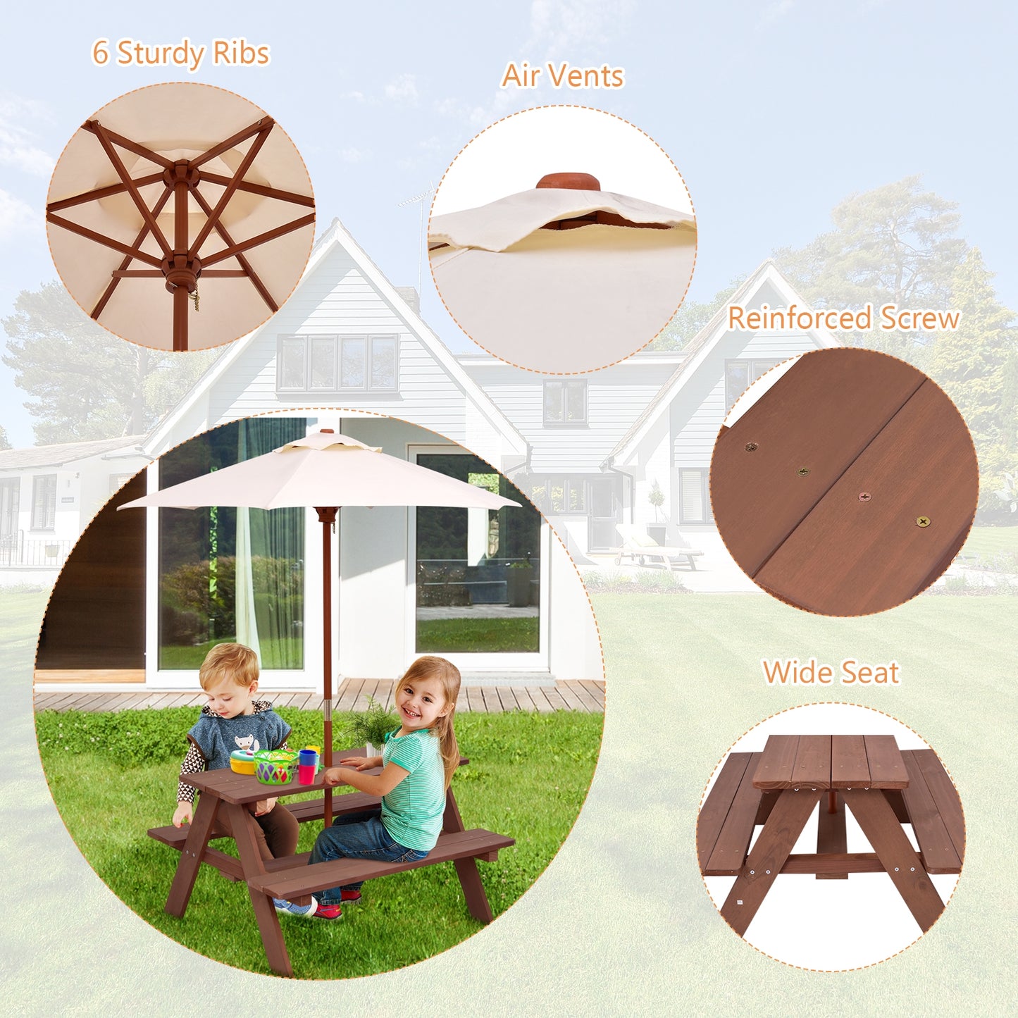 Kids Picnic Table with Umbrella - 4 Seat Outdoor Bench Set