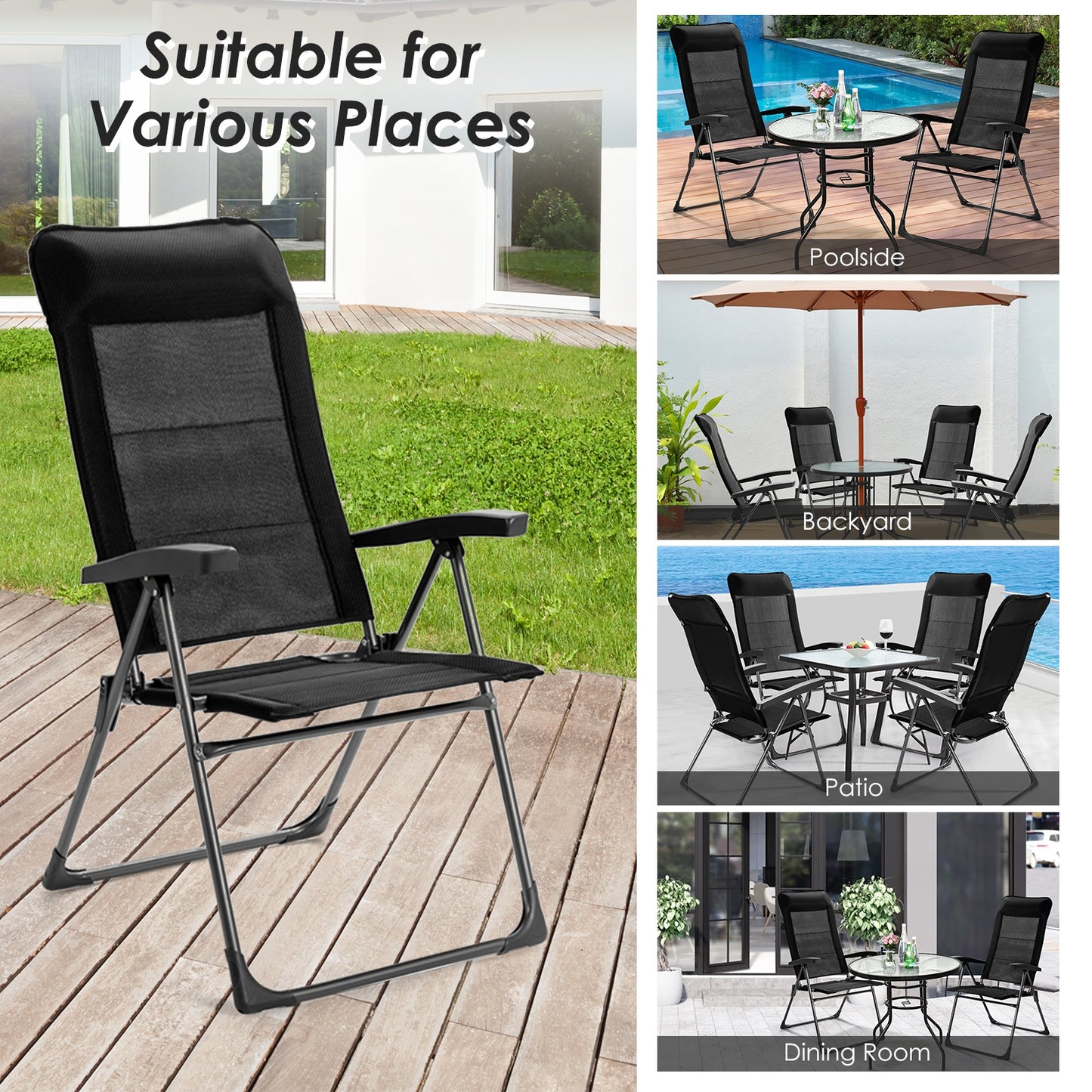 Folding Patio Dining Chairs Set of 2 with Adjustable Backrest
