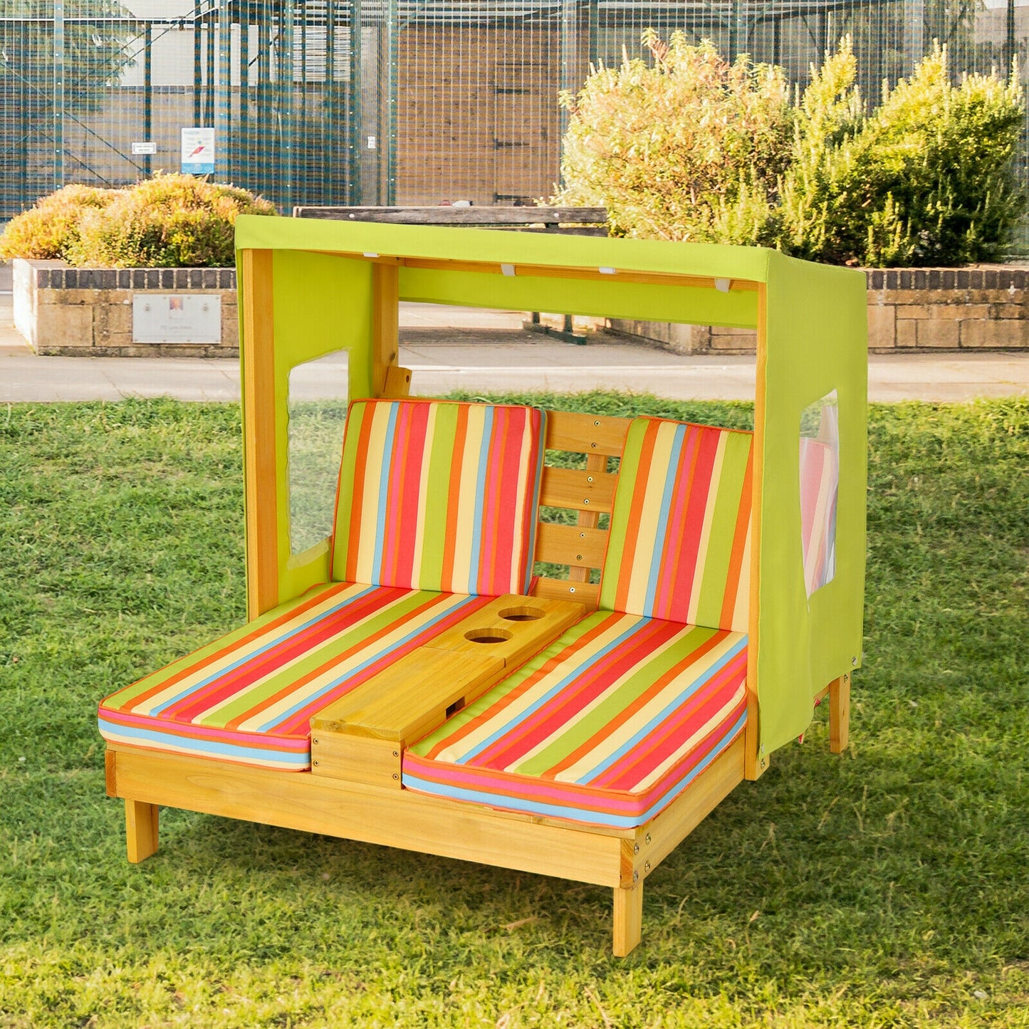 Kids Double Lounge Chair with Awning and Cup Holders