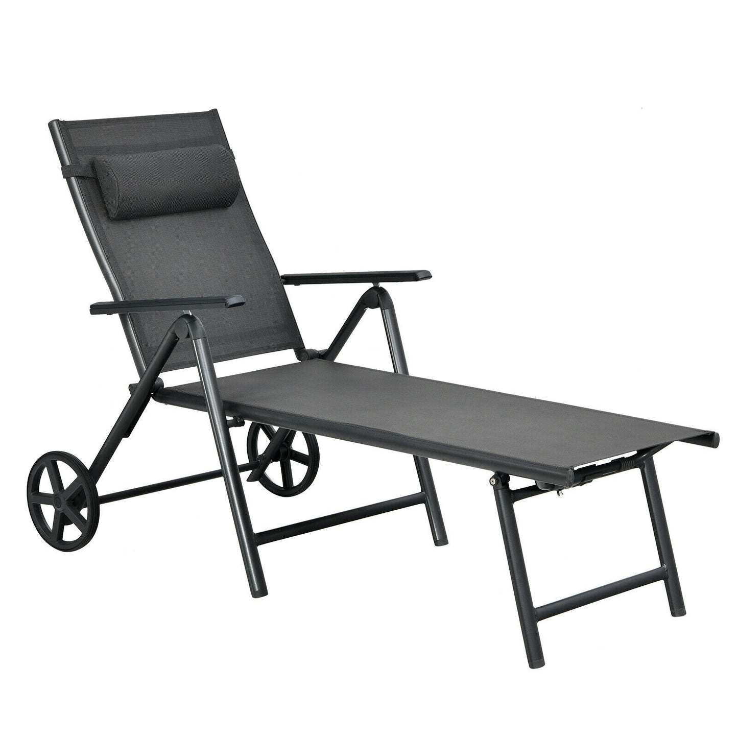 Adjustable Patio Lounge Chair with Wheels and Neck Pillow