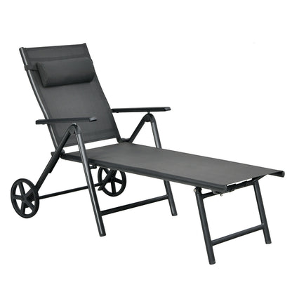 Adjustable Patio Lounge Chair with Wheels and Neck Pillow