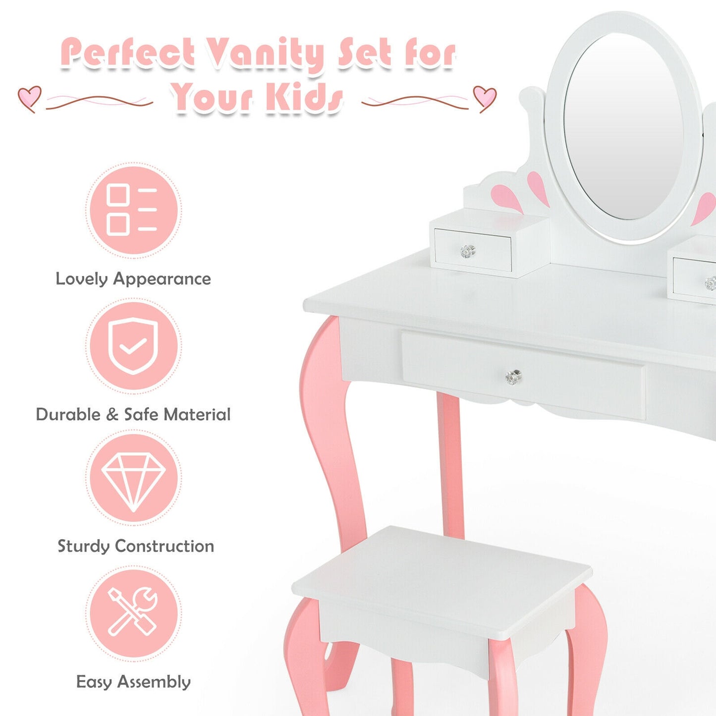 Kids Vanity Table Set with Mirror, Drawer & Stool - Pink