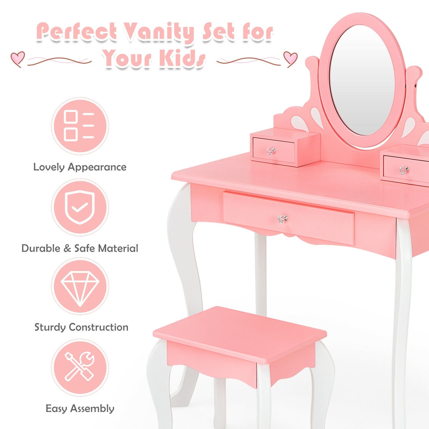 Kids Vanity Table Set with Mirror, Drawer & Stool - Pink