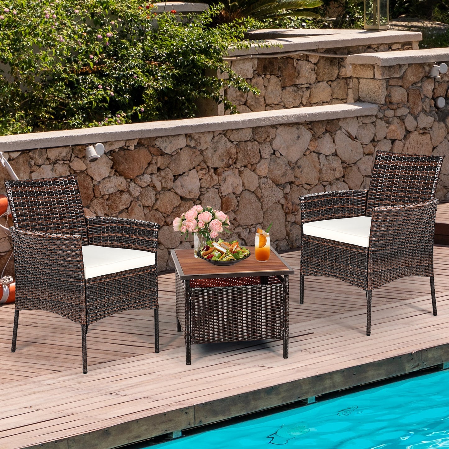 Outdoor PE Rattan Armchairs Set with Removable Cushions