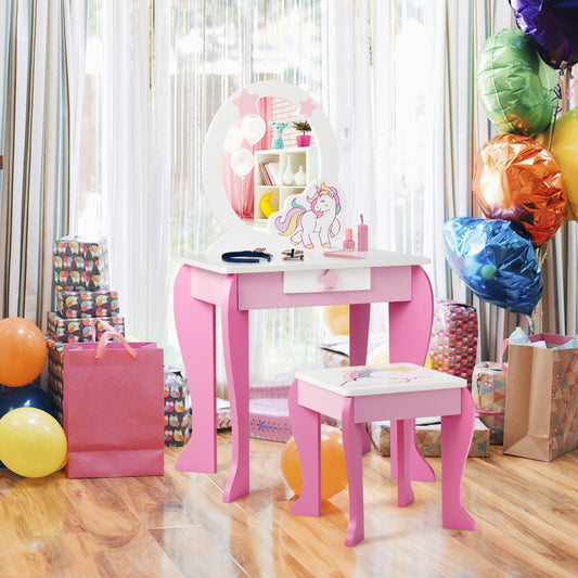 Kids Wooden Vanity Table and Chair Set with Mirror and Drawer