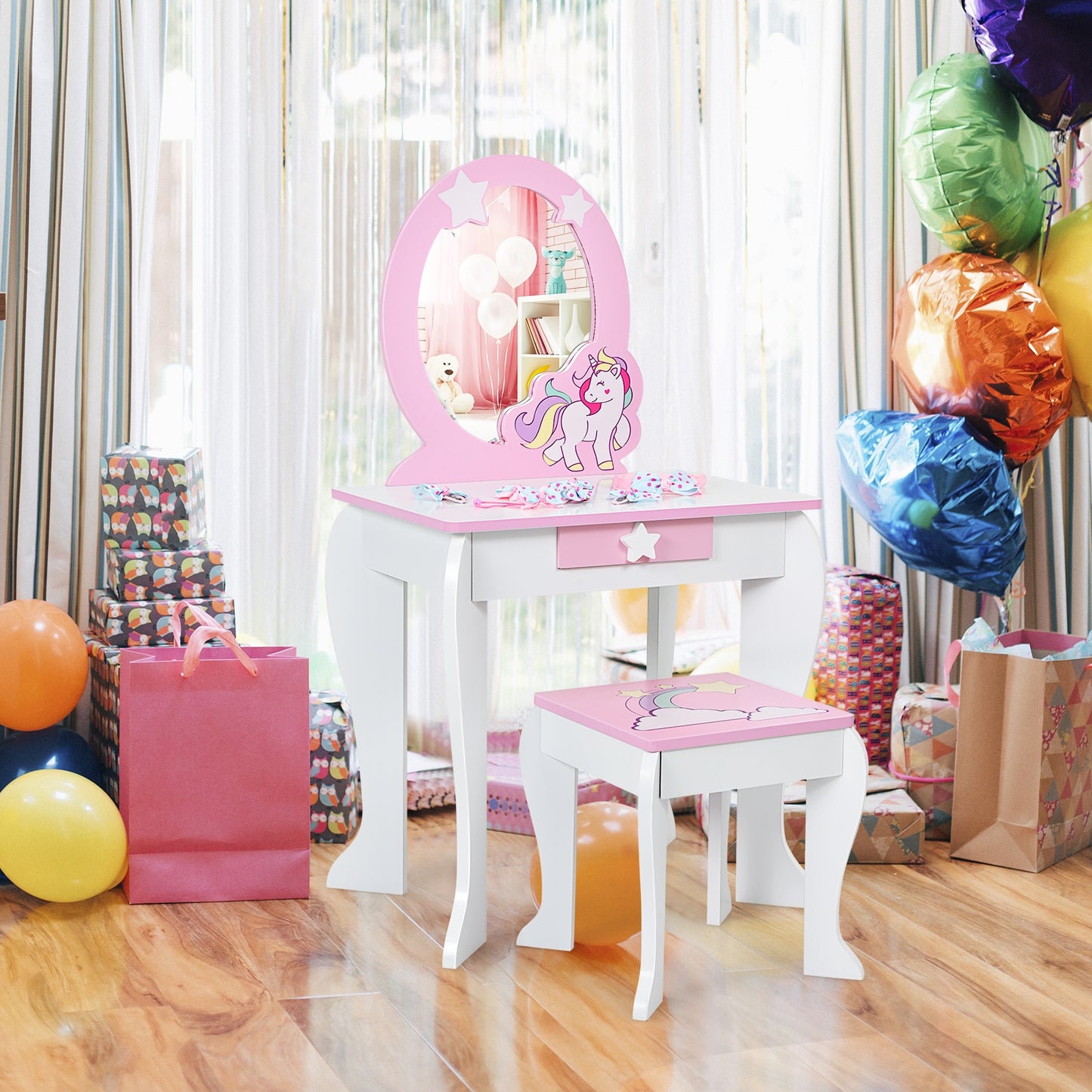 Kids Wooden Vanity Table and Chair Set with Mirror and Drawer