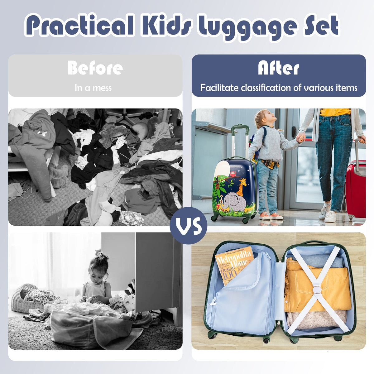 2 Pieces 12 Inch and 16 Inch Kids Carry on Suitcase Rolling Backpack School Luggage Set-Elephant