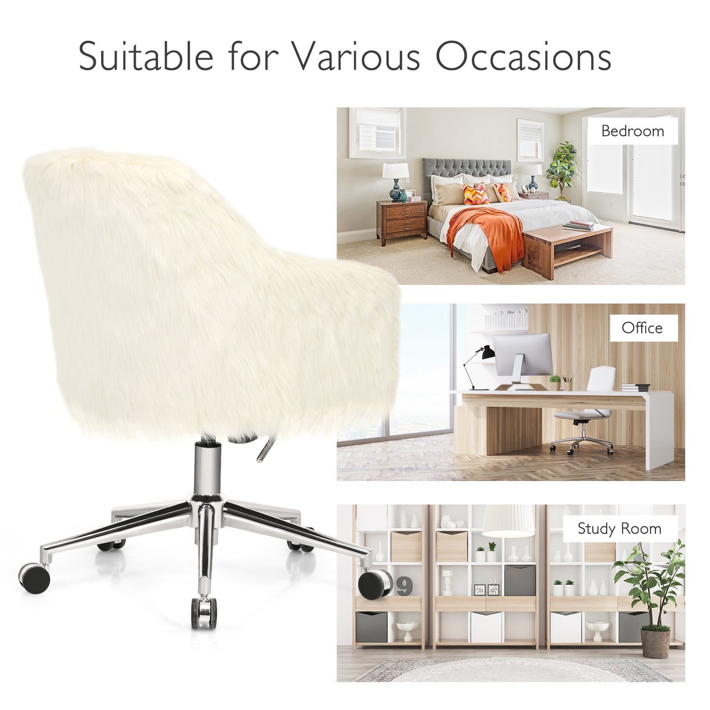 Fluffy Faux Fur Swivel Office Chair with Adjustable Height