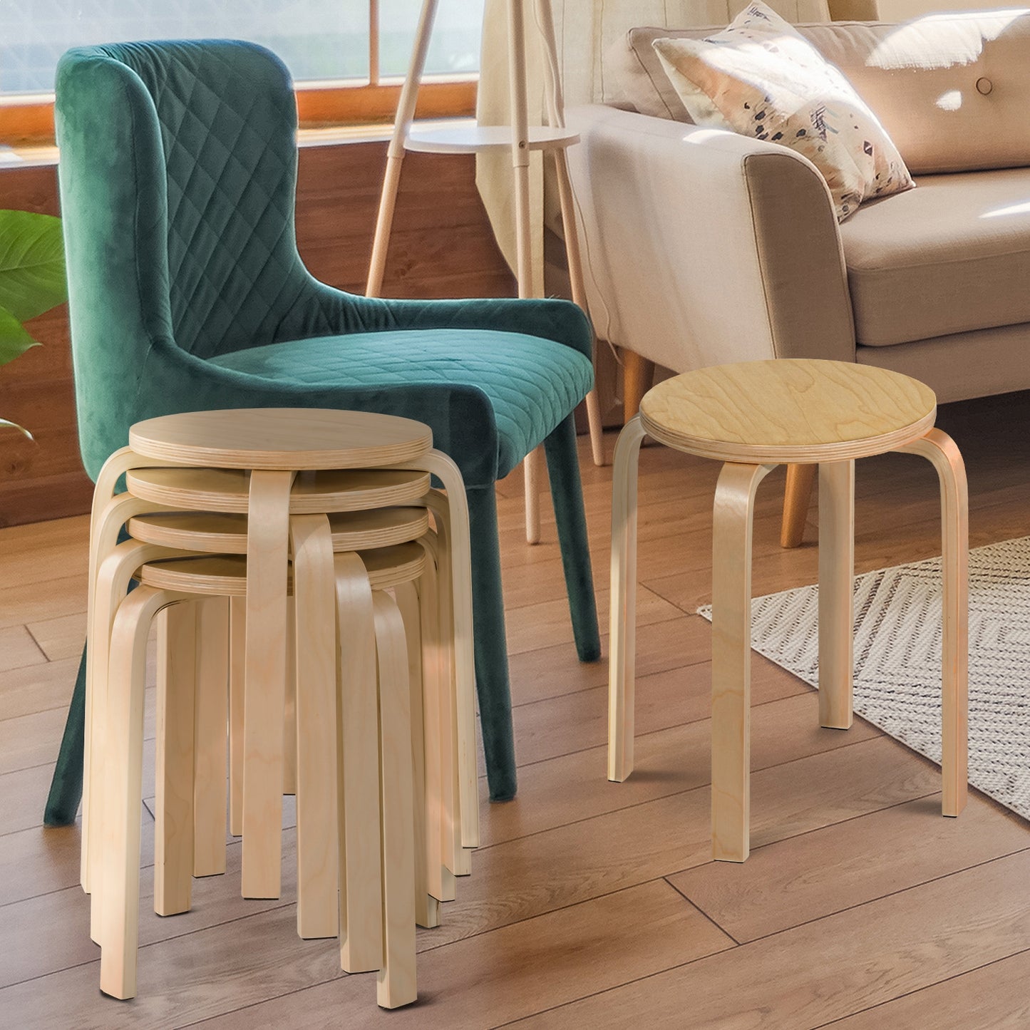 18-Inch Backless Wooden Dining Chairs - Set of 4