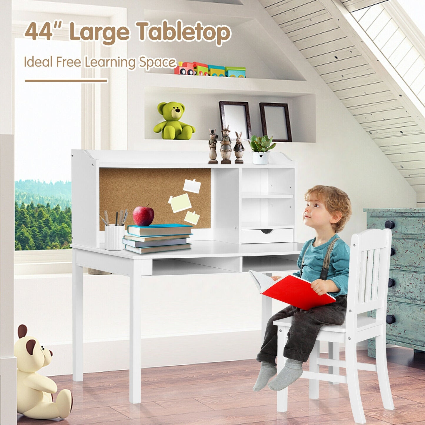 Kids Desk and Chair Set with Hutch and Storage Shelves
