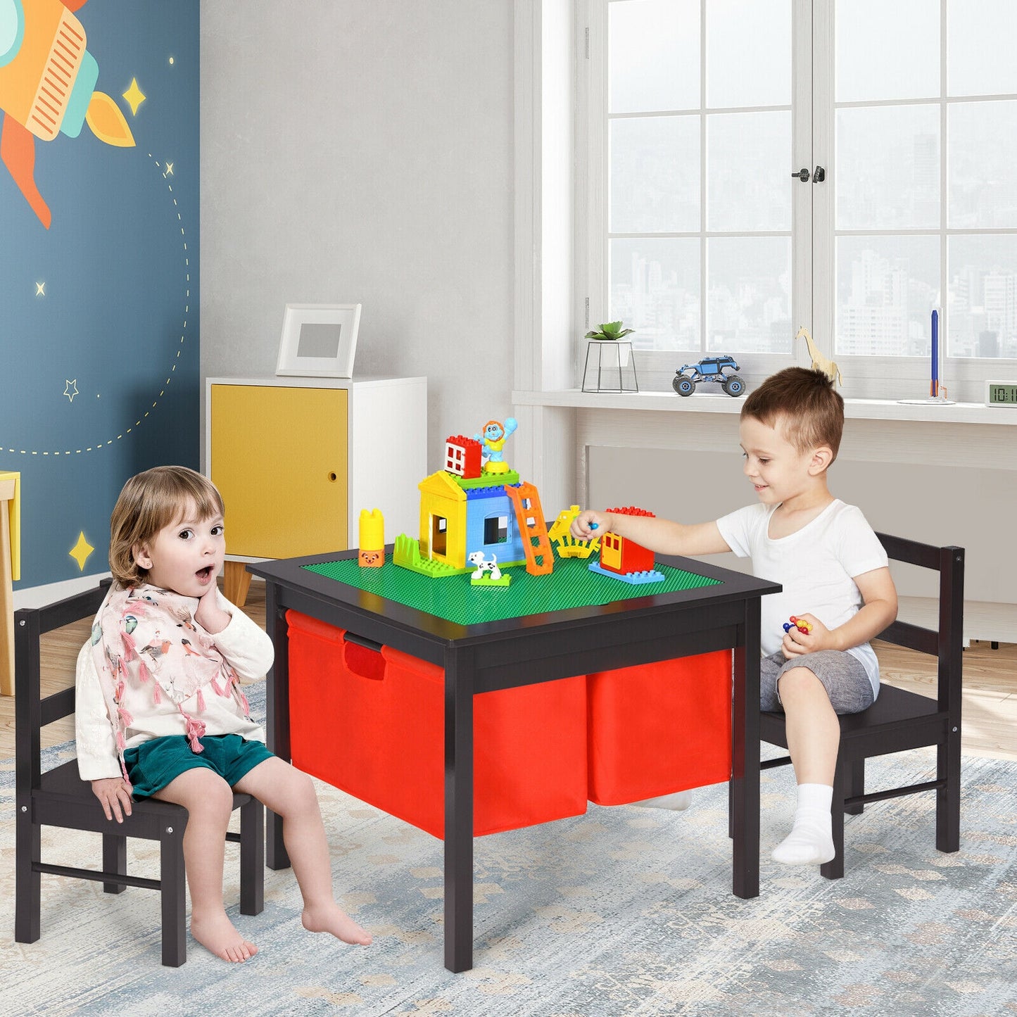 Kids Activity Table and 2 Chairs Set with Storage Drawers