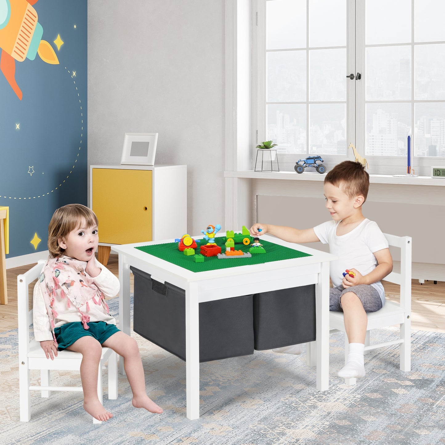 Kids Activity Table and 2 Chairs Set with Storage Drawers