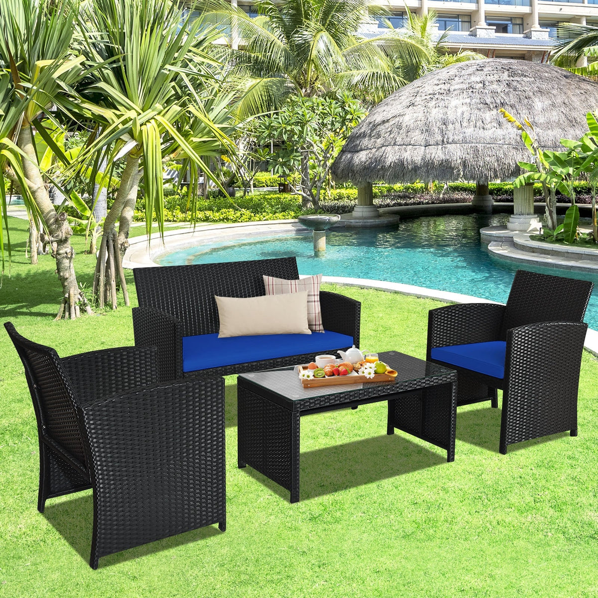 4 Pieces Rattan Patio Furniture Set with Weather Resistant Cushions and Tempered Glass Tabletop