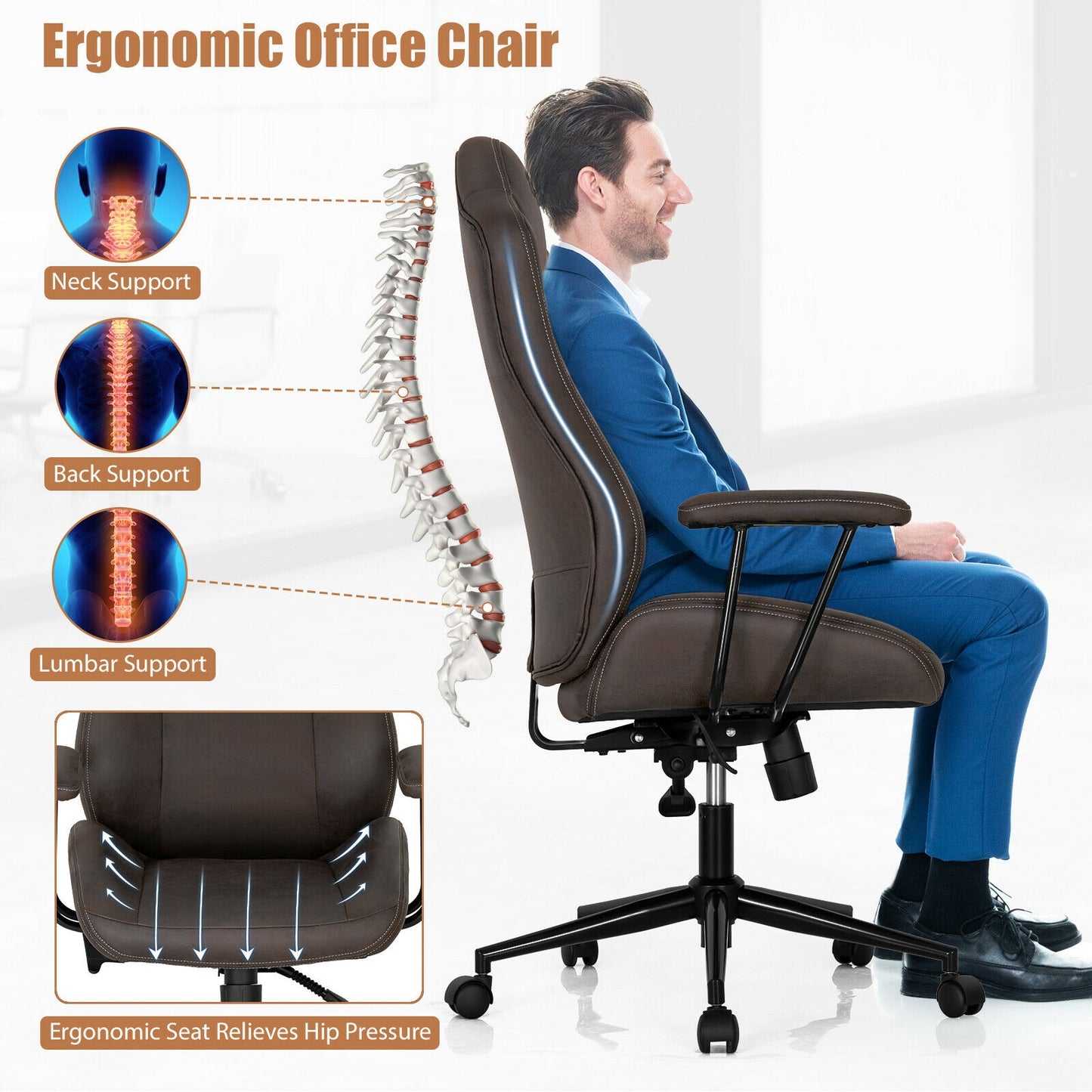 Executive Office Chair with Adjustable High Back and Armrests