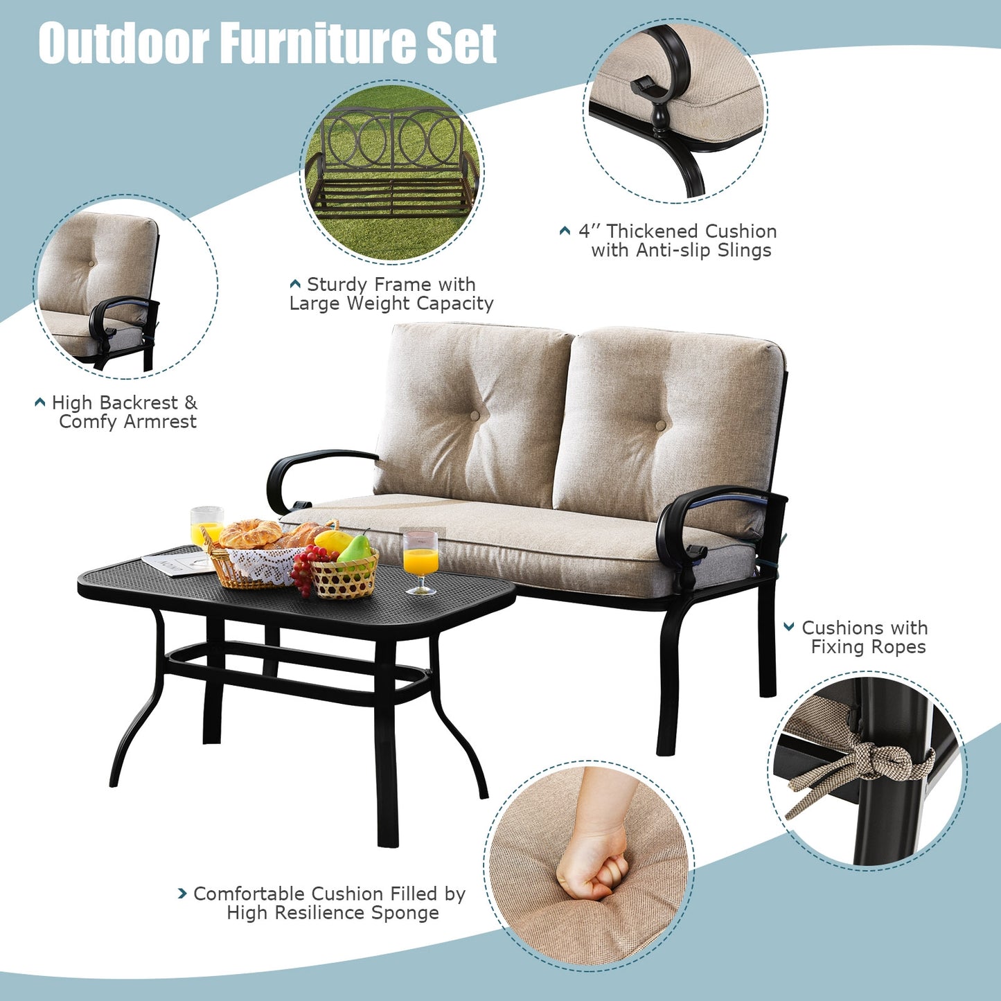2-Piece Patio Loveseat Set with Cushions and Coffee Table