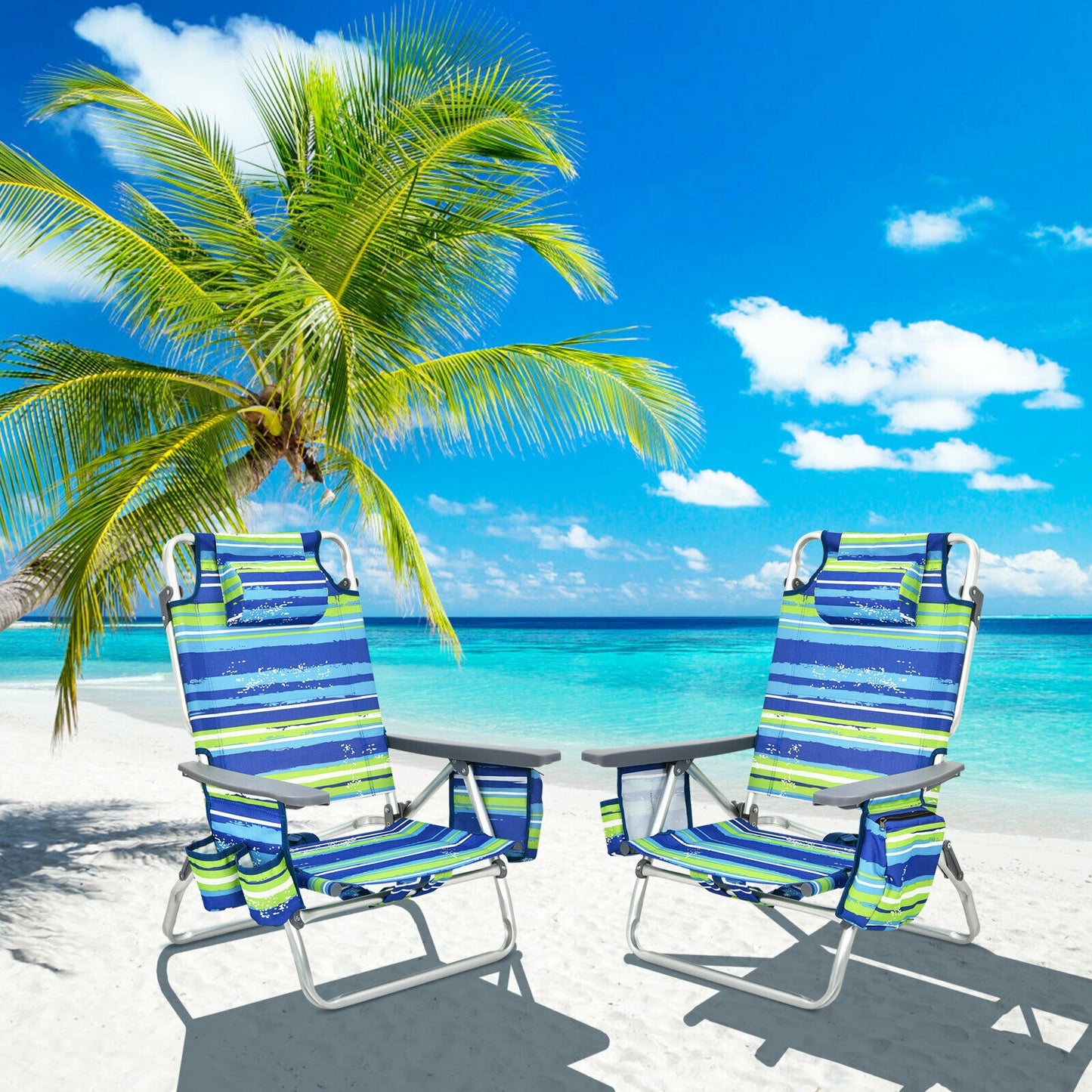 Folding Beach Chair 4-Pack with Adjustable Backrest & Pillow