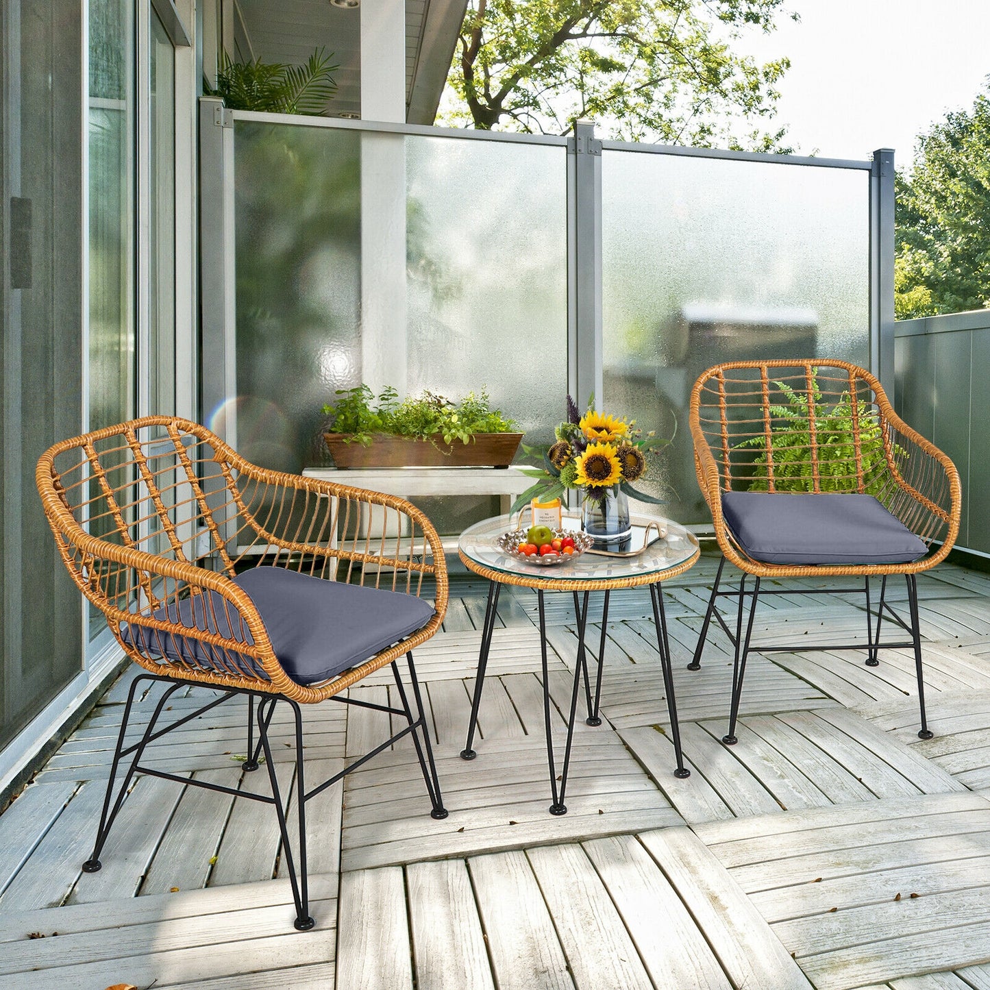 3-Piece Rattan Patio Conversation Set with Cushioned Chairs
