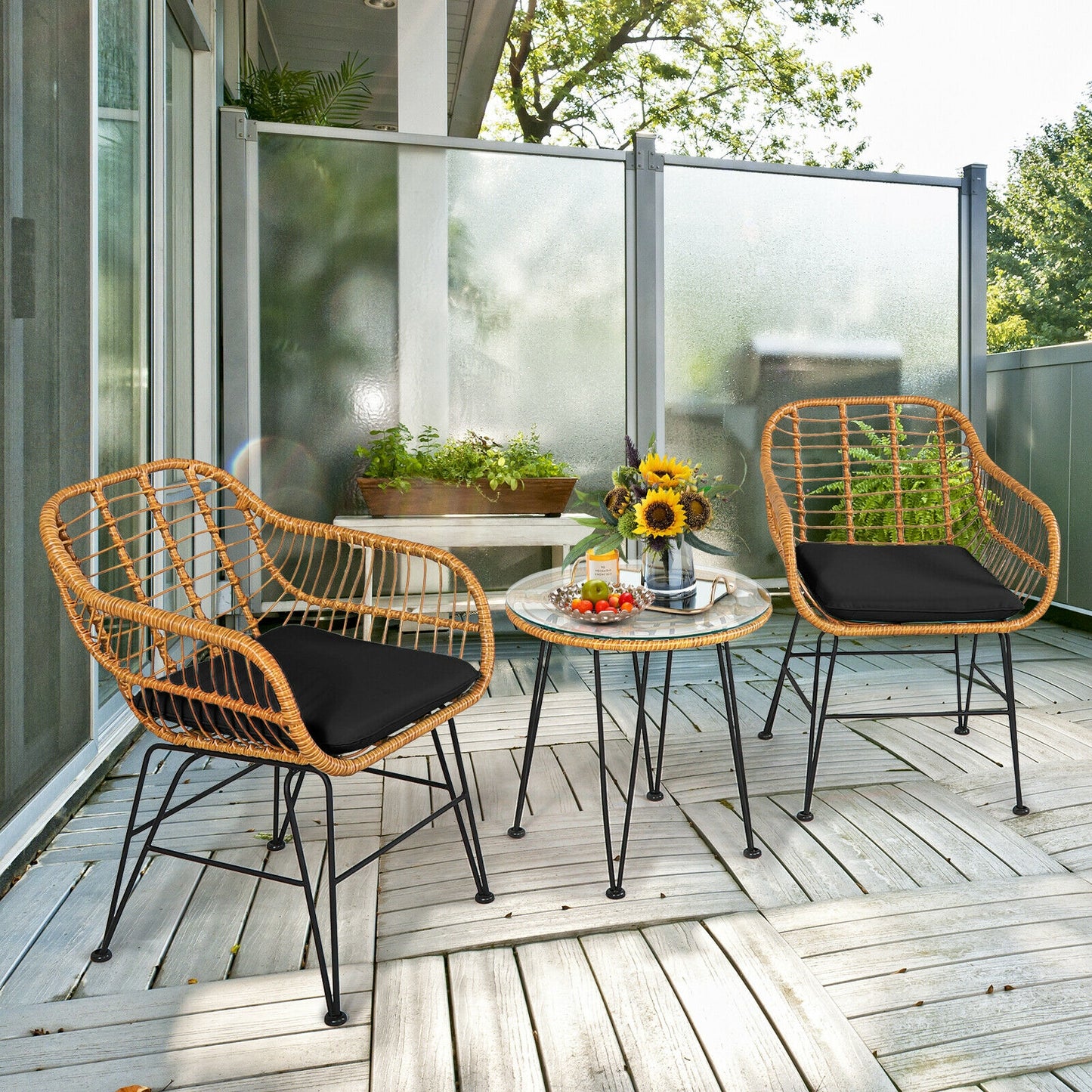 3-Piece Rattan Patio Conversation Set with Cushioned Chairs
