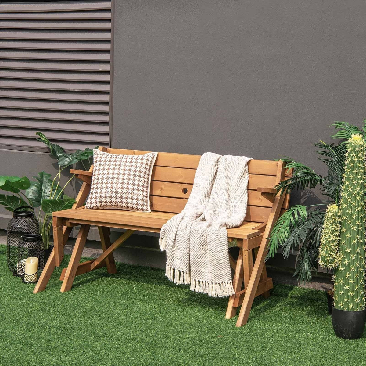 2-in-1 Transforming Interchangeable Wooden Picnic Table Bench with Umbrella Hole-Dark Brown