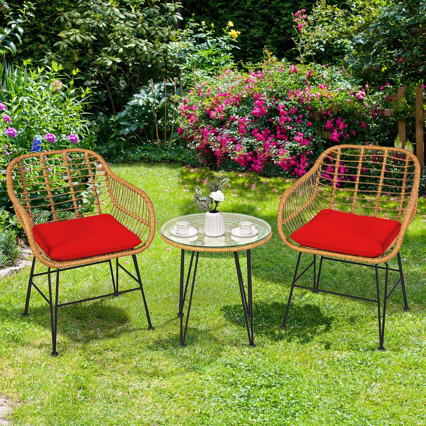 3-Piece Rattan Patio Conversation Set with Cushioned Chairs