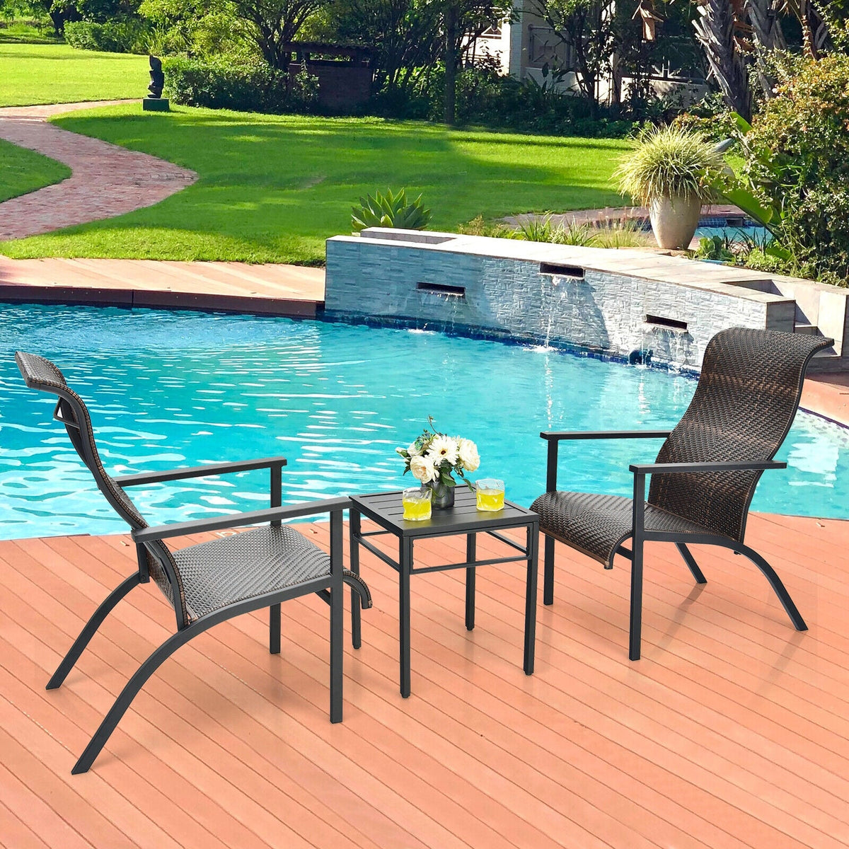 3 Pieces Patio Rattan Bistro Set with High Backrest and Armrest