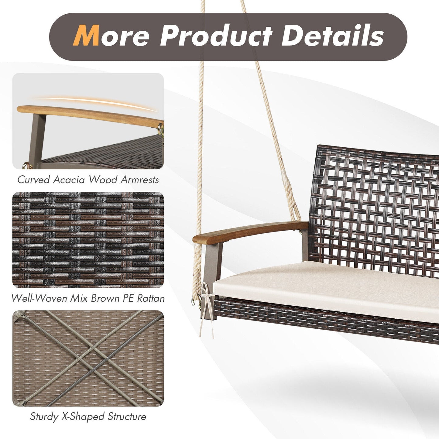 2-Person Rattan Porch Swing Chair with Cushion