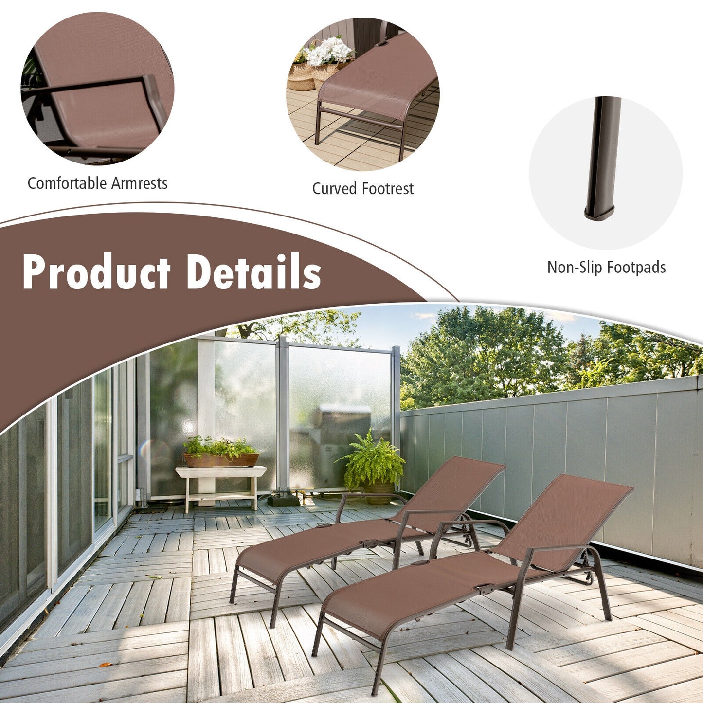 Folding Chaise Lounge Chair Set with Adjustable Back - 2 Pieces