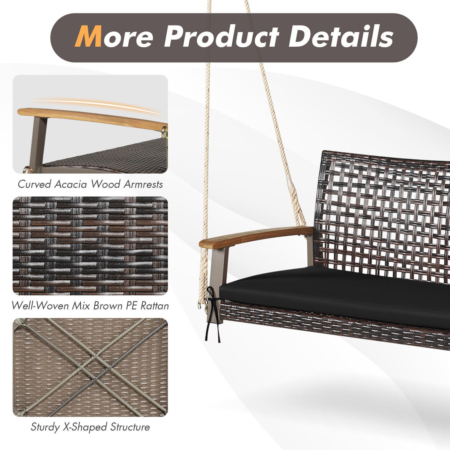 2-Person Rattan Porch Swing Chair with Cushion