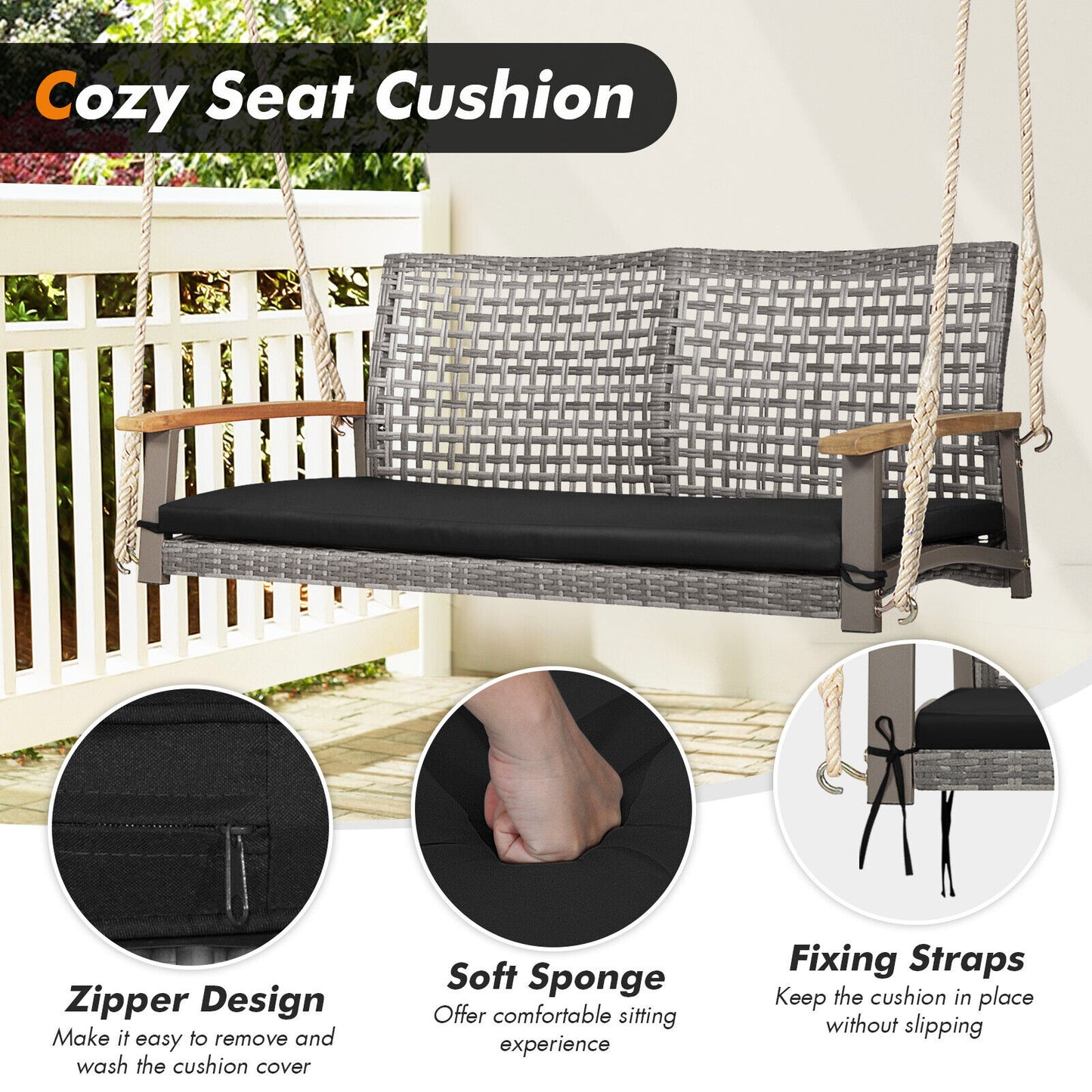 2-Person Wicker Porch Swing Chair with Cushion