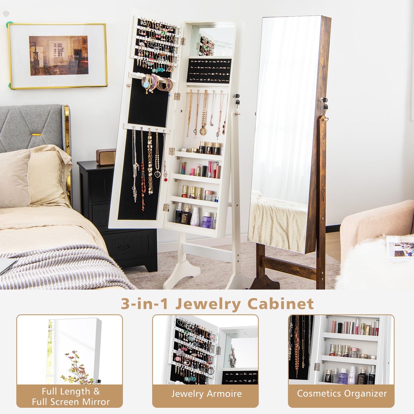 Standing Jewelry Cabinet with Full Length Mirror - White