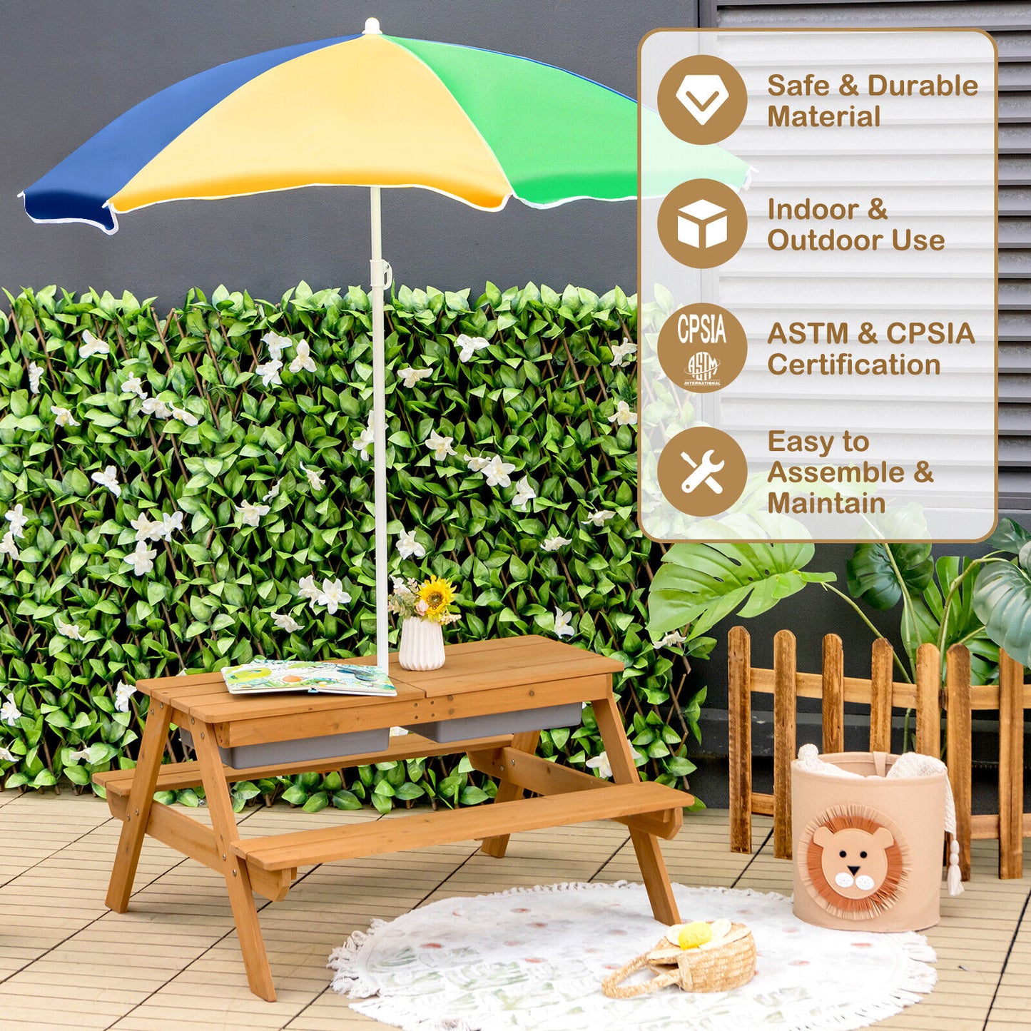 Kids Outdoor Picnic Table with Umbrella and Sand Water Play