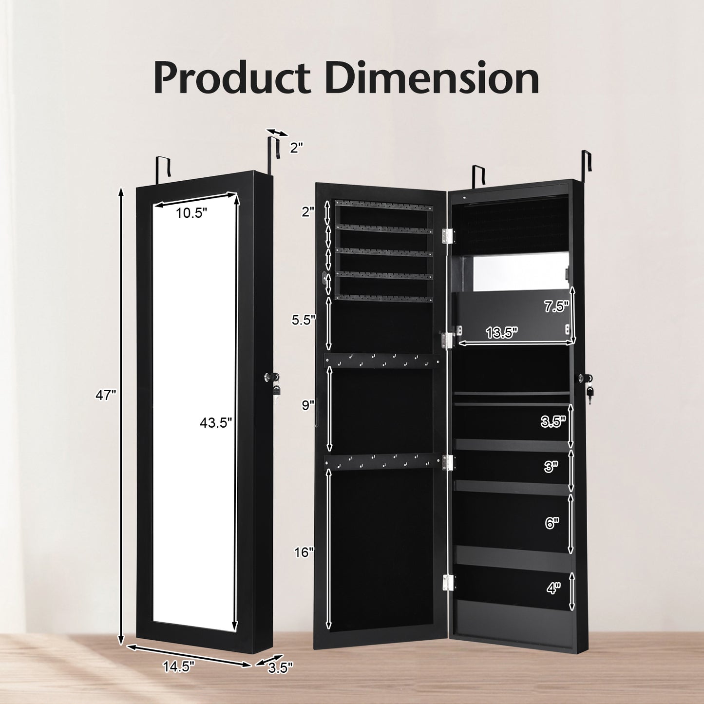 Wall Mounted Jewelry Cabinet with LED Lights and Mirror