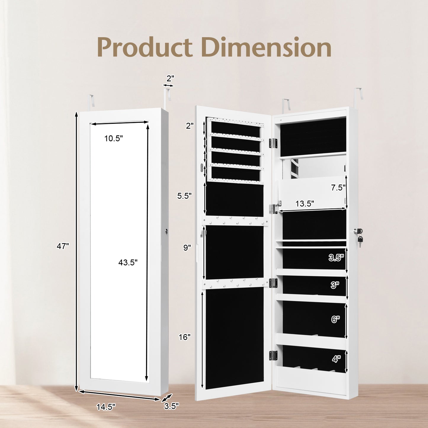 Wall Mounted Jewelry Cabinet with LED Lights and Mirror