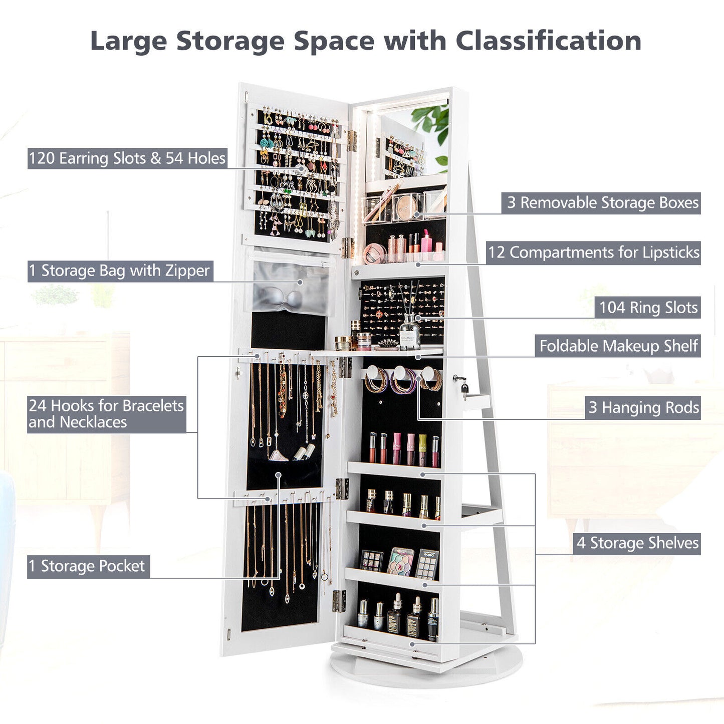 Rotating Mirrored Jewelry Armoire with LED Lighting