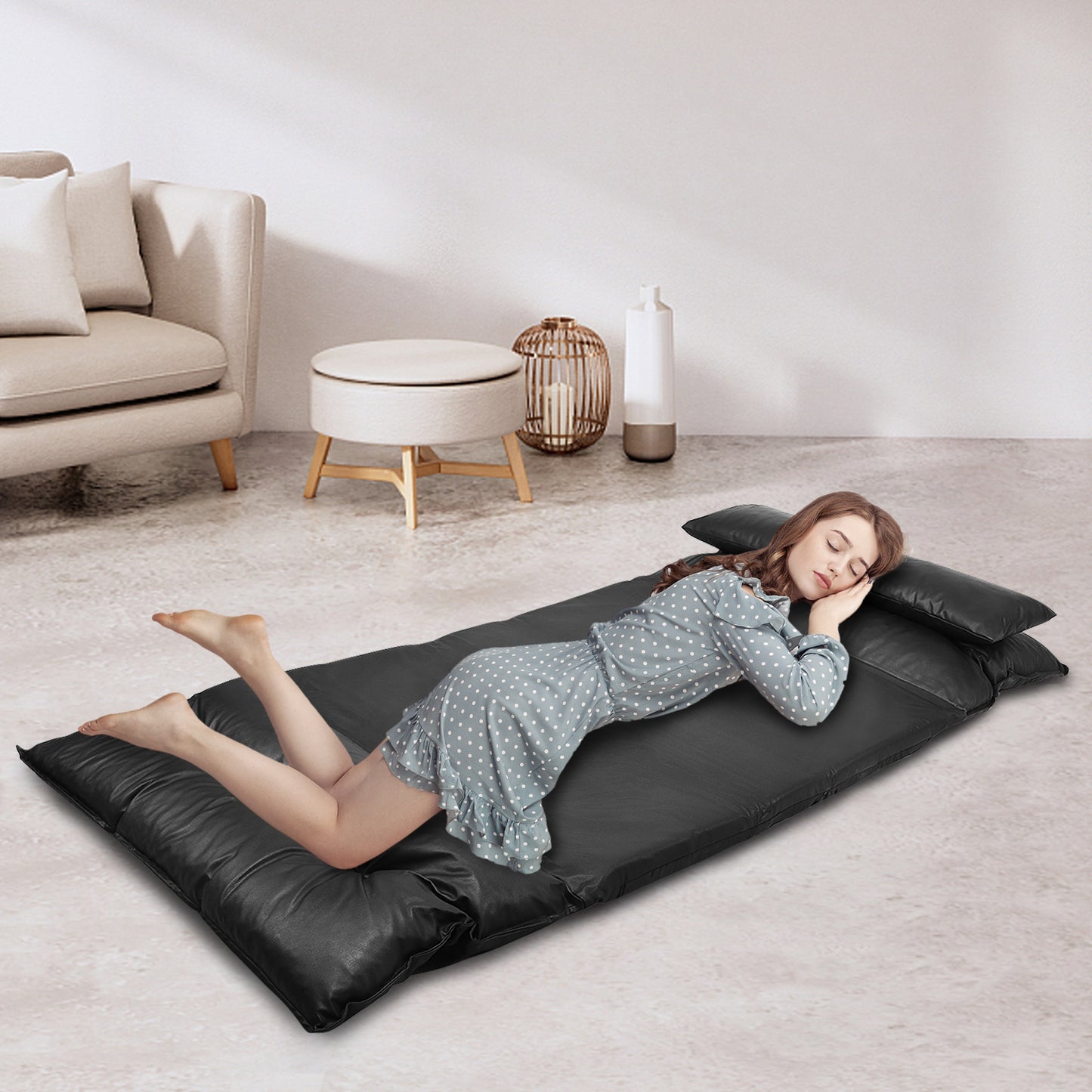 Adjustable Floor Sofa Bed with Pillows - Foldable PU Leather