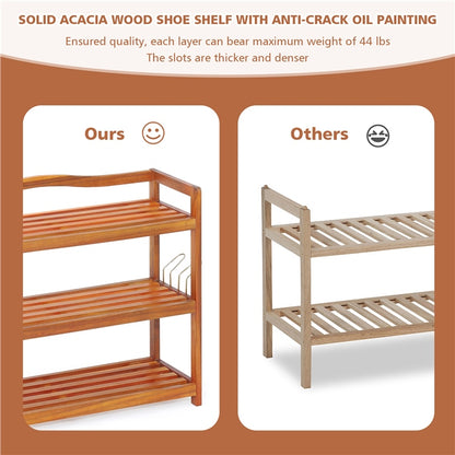 3-Tier Acacia Wood Shoe Rack with Side Metal Hooks