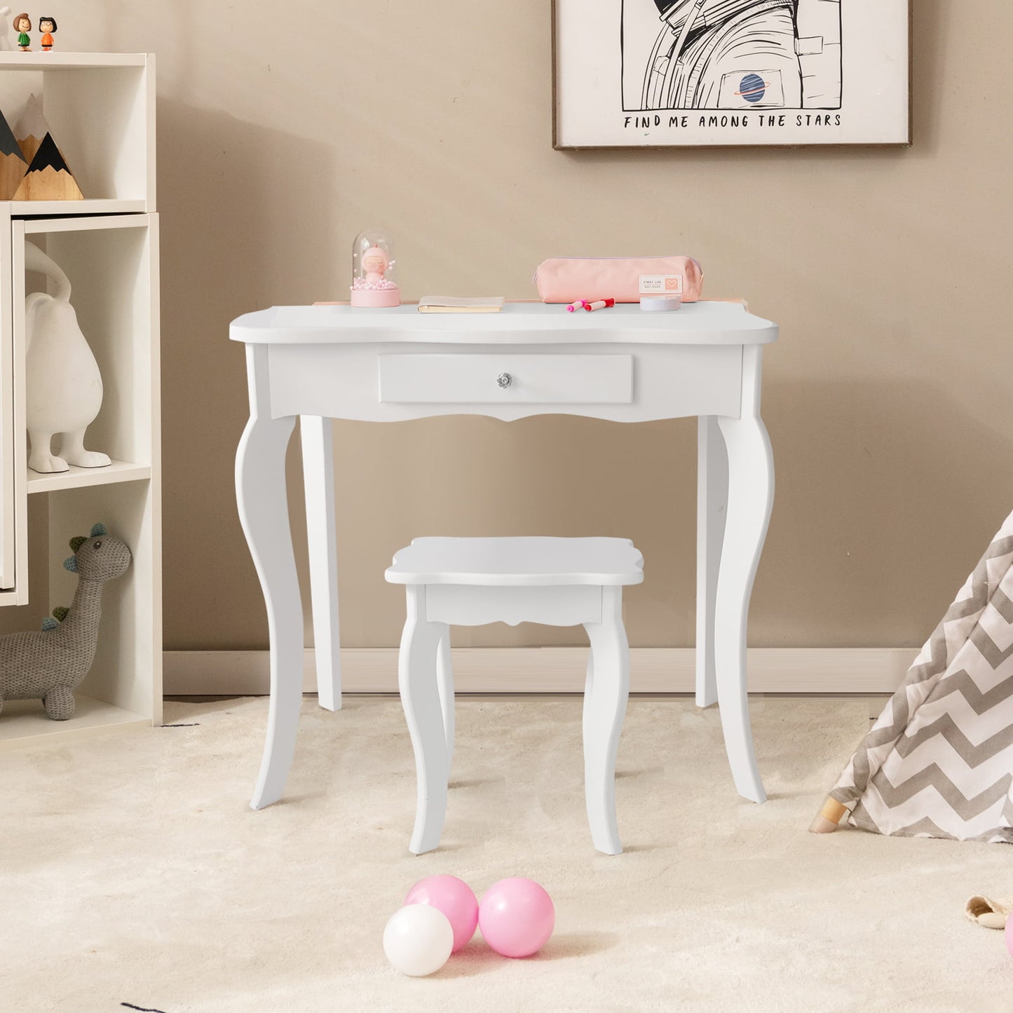 Kids Vanity Table and Stool Set with Mirror and Drawer