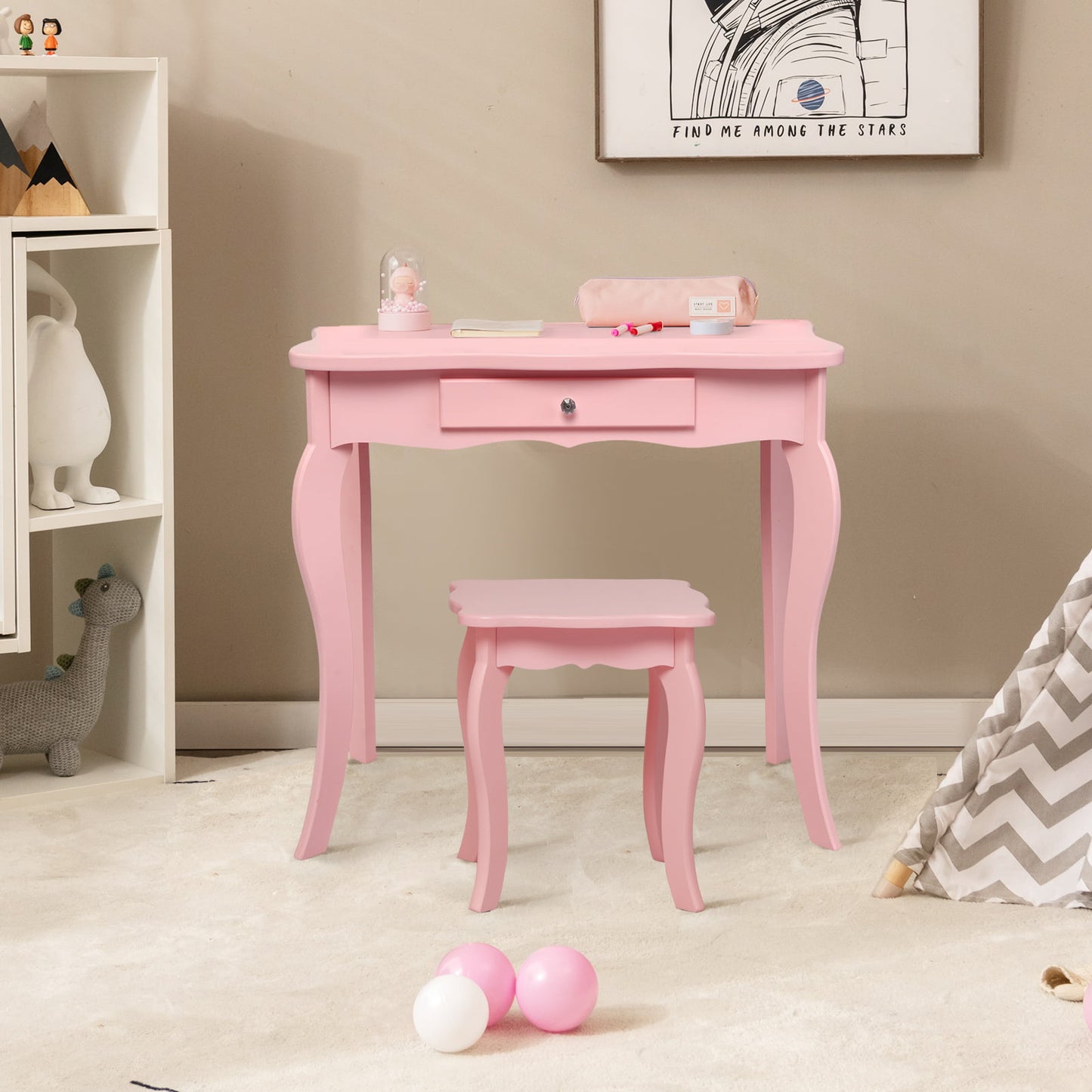 Kids Vanity Table and Stool Set with Mirror and Drawer