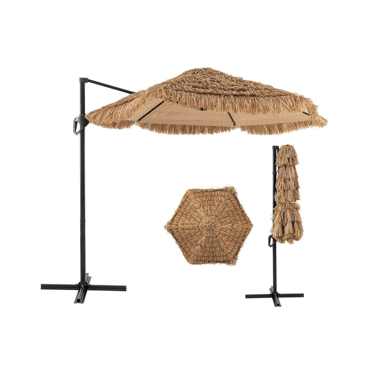 9.5 FT Cantilever Tiki Patio Umbrella Hawaiian Style Offset Hanging Umbrella-Natural