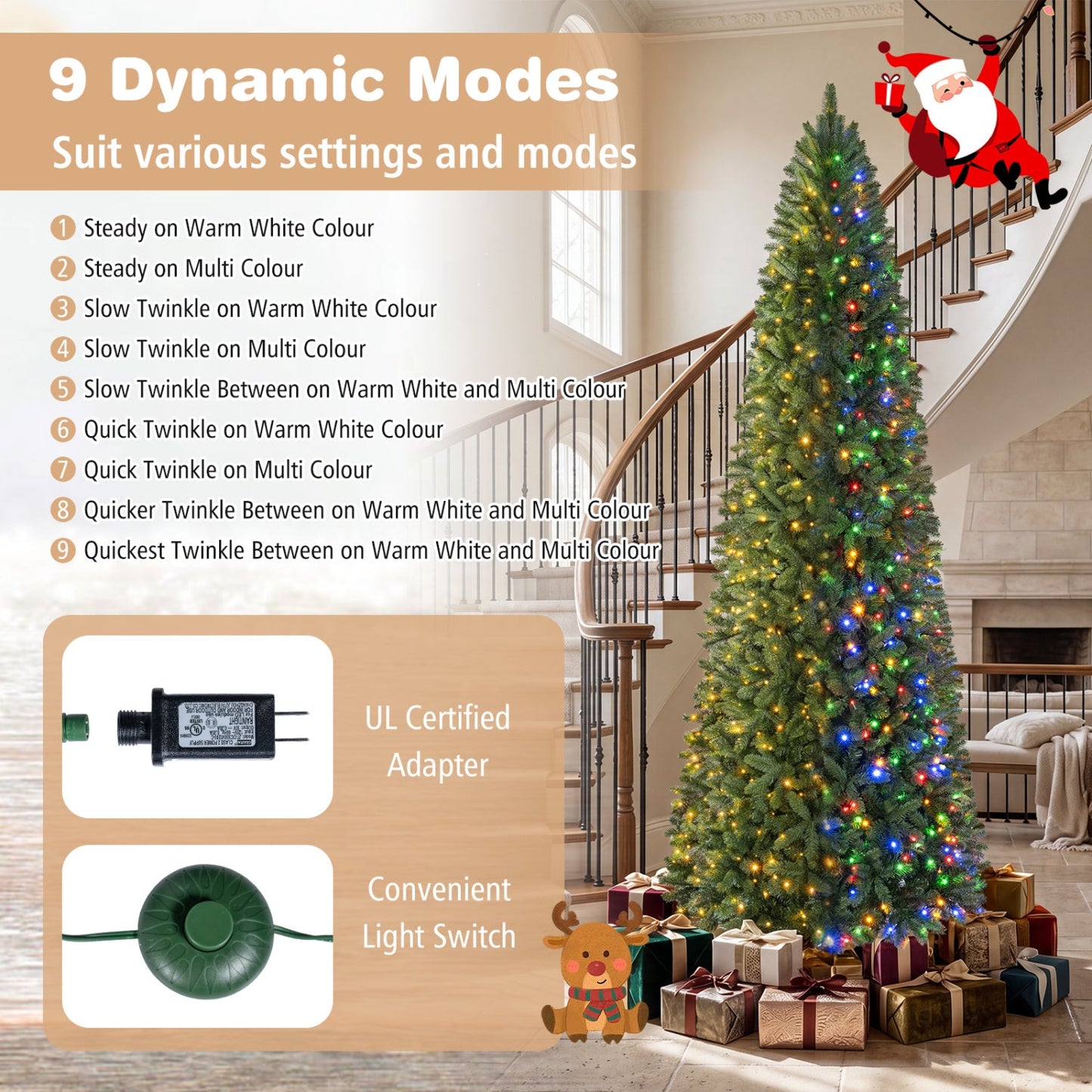 9 FT Pencil Alpine Christmas Tree with 550 Dual-Color LED Lights