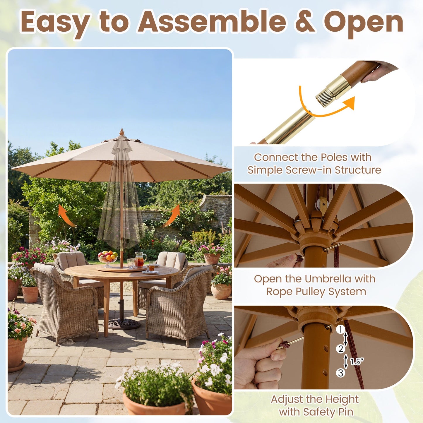9 FT Patio Umbrella Outdoor Table Market Umbrella with 8 Sturdy Bamboo Ribs