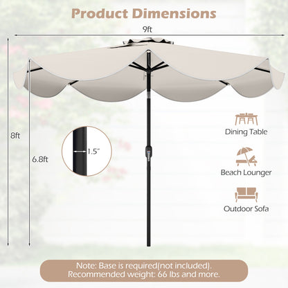 9 FT Scalloped Solar Patio Umbrella Market Table Umbrella with 24 LED Lights