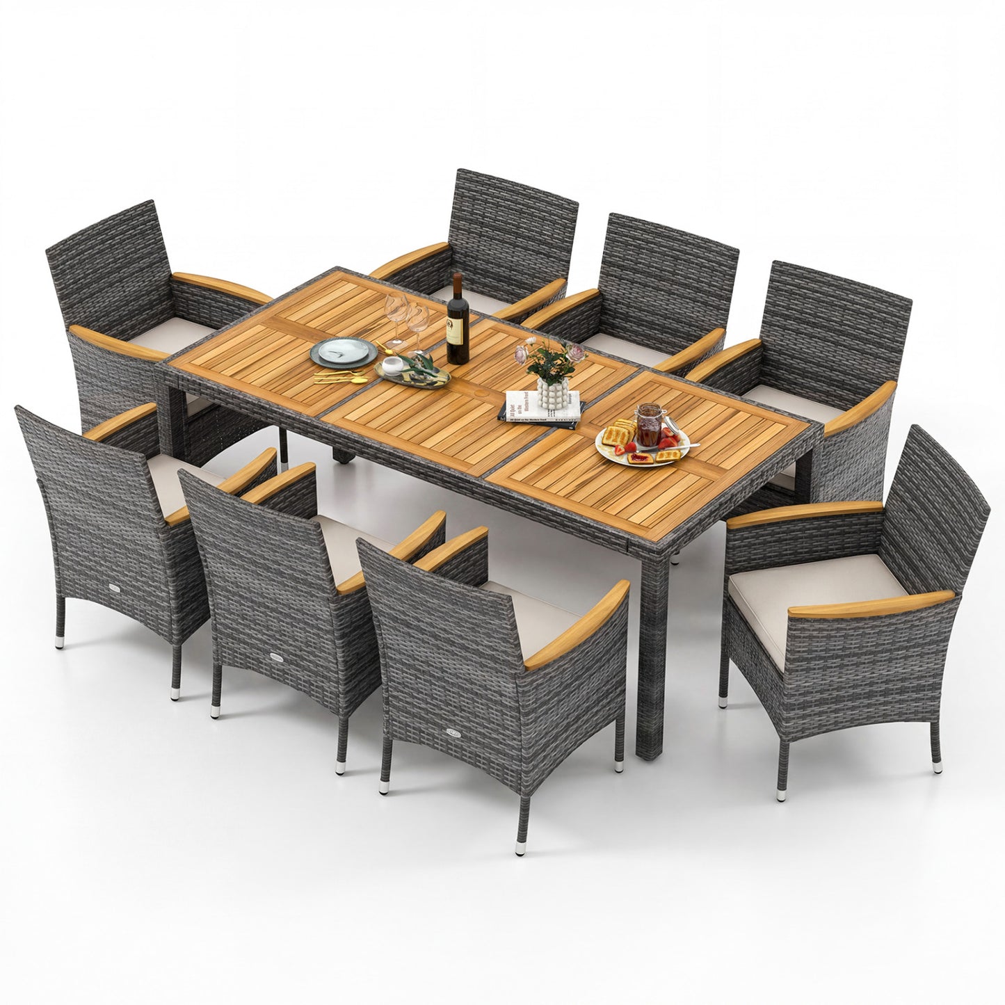9-Piece Patio Dining Set with Acacia Wood Table & Rattan Chairs