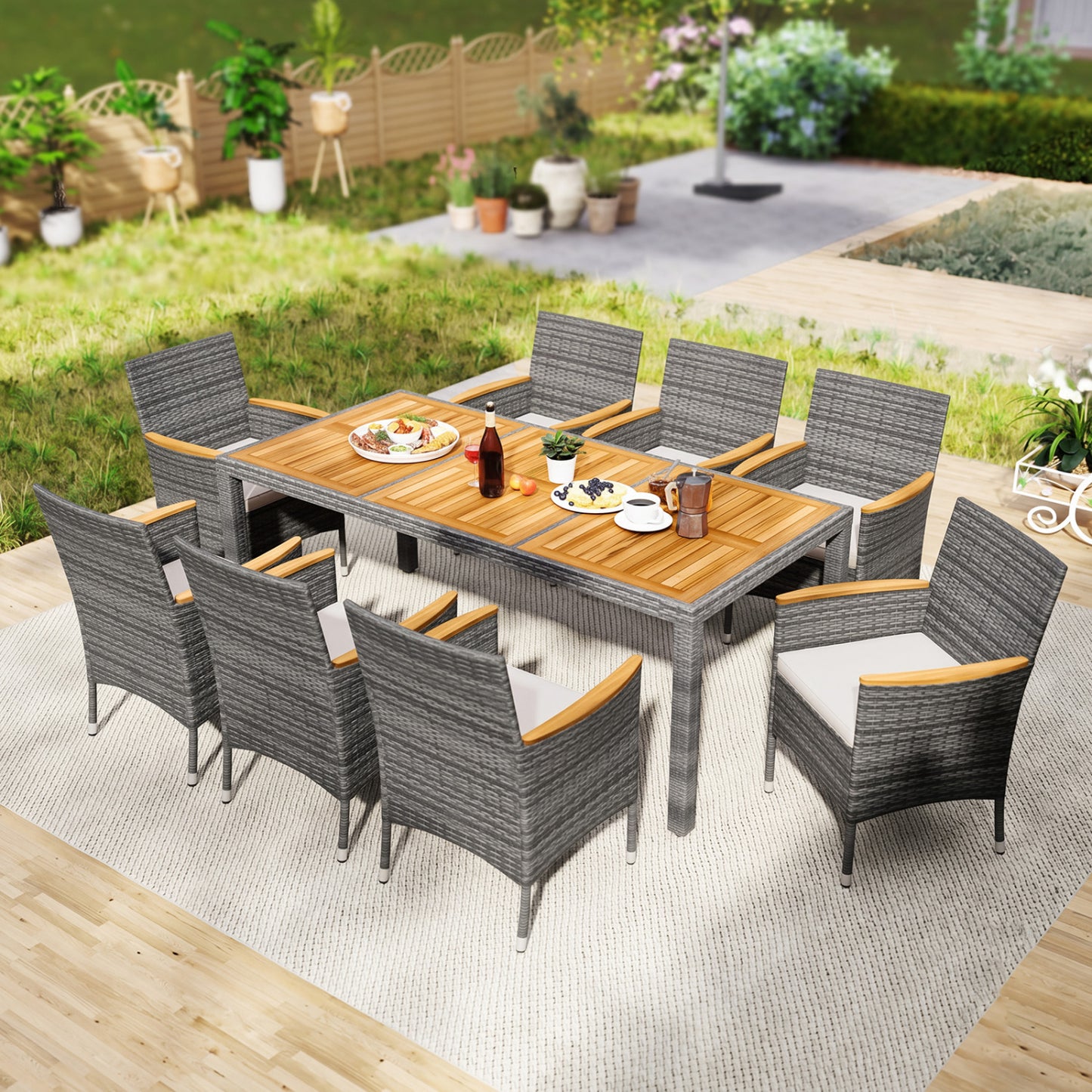 9-Piece Patio Dining Set with Acacia Wood Table & Rattan Chairs