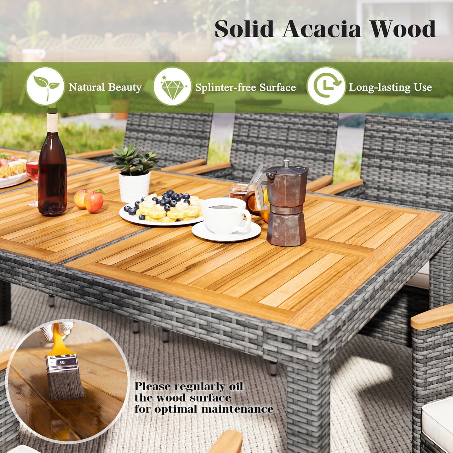 9-Piece Patio Dining Set with Acacia Wood Table & Rattan Chairs