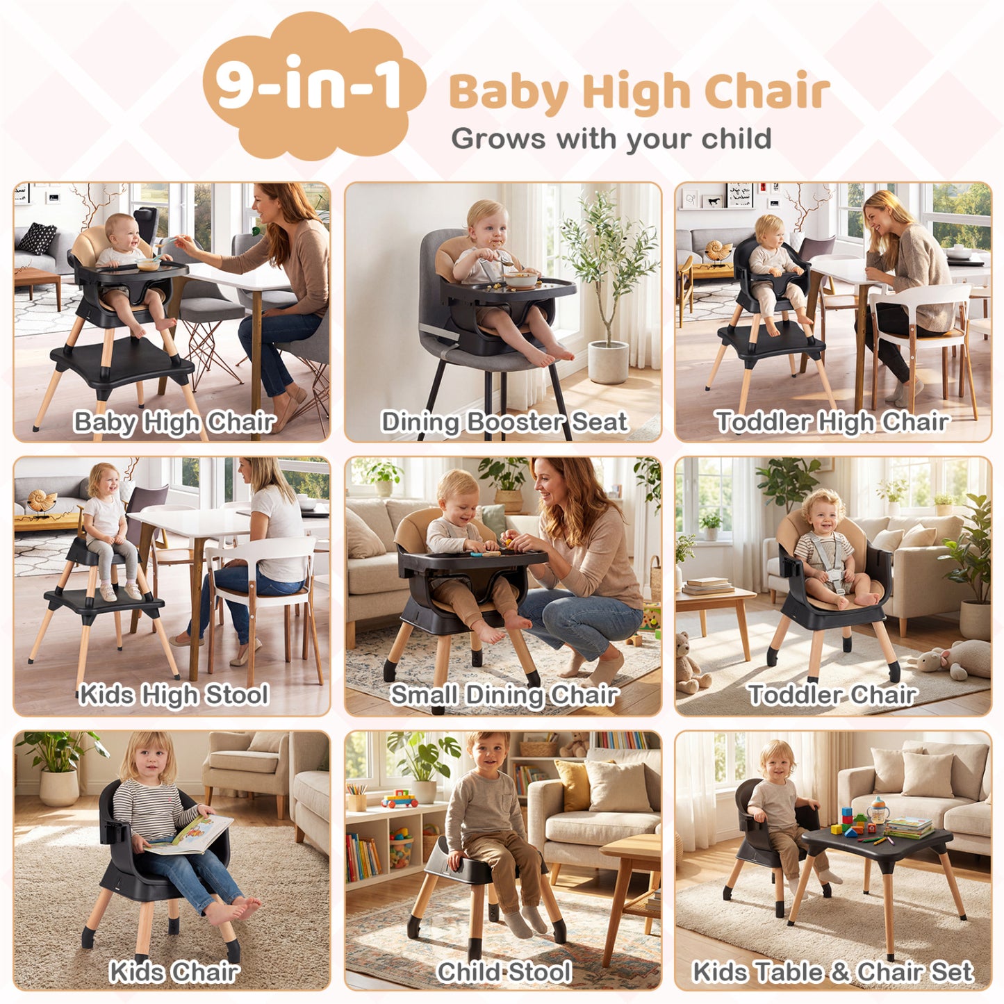 9-in-1 Convertible High Chair with Solid Wood Legs