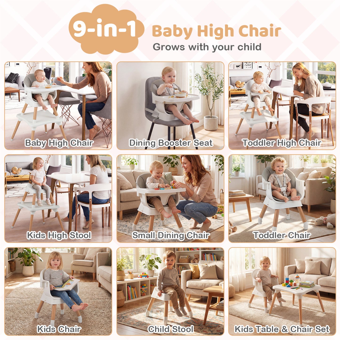 9-in-1 Convertible High Chair with Solid Wood Legs