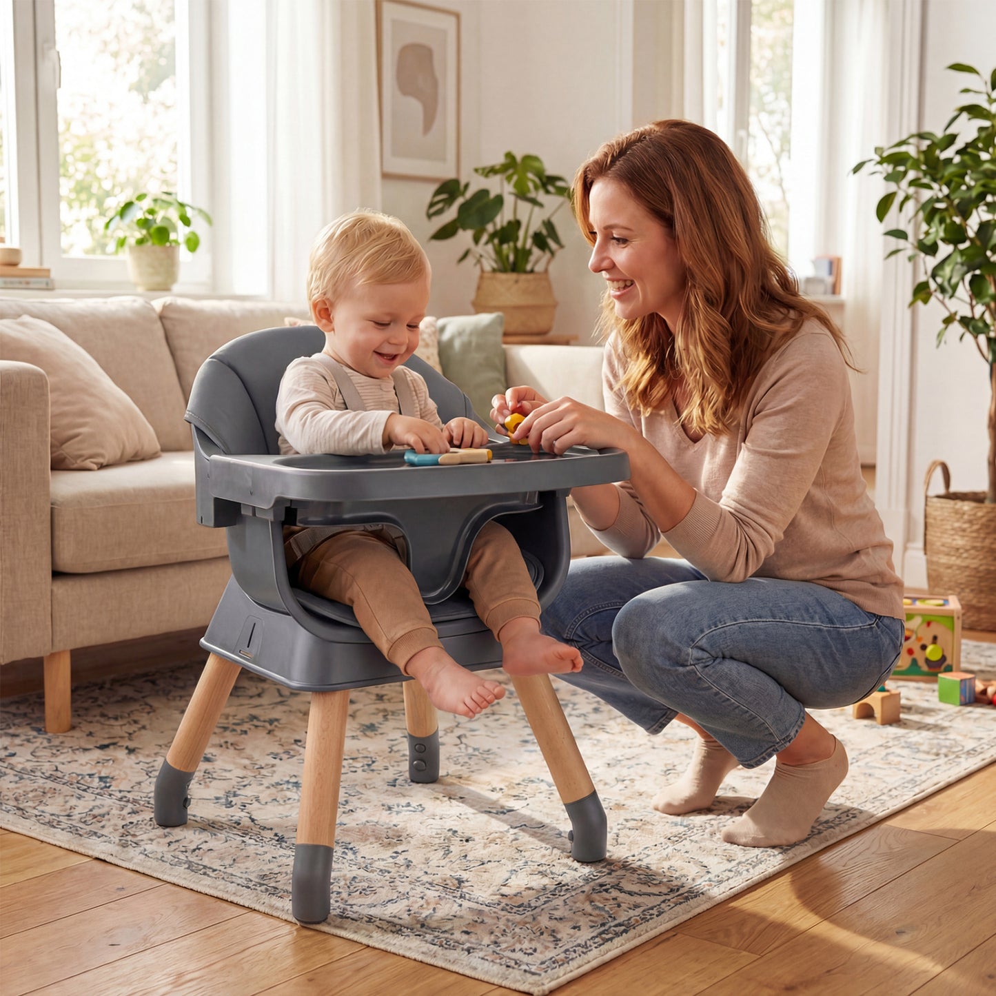 9-in-1 Convertible High Chair with Solid Wood Legs